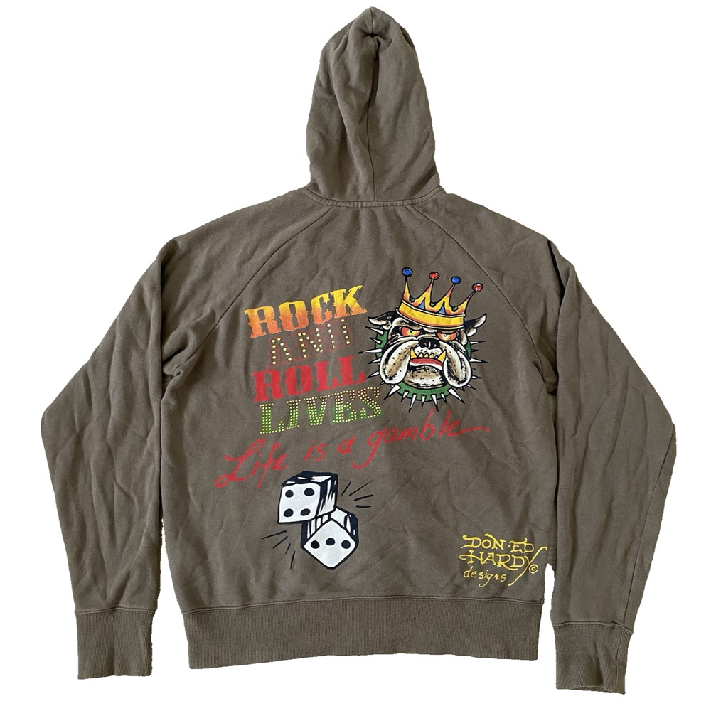 Vtg Don Ed Hardy Christian Audigier Bulldog Full‎ Zip Y2K Hoodie L Studs Rare